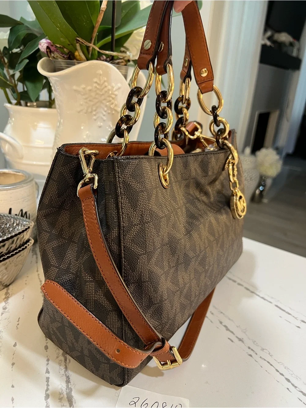 Michael Kors Brown MK Signature Shoulder Bag with Gold Hardware